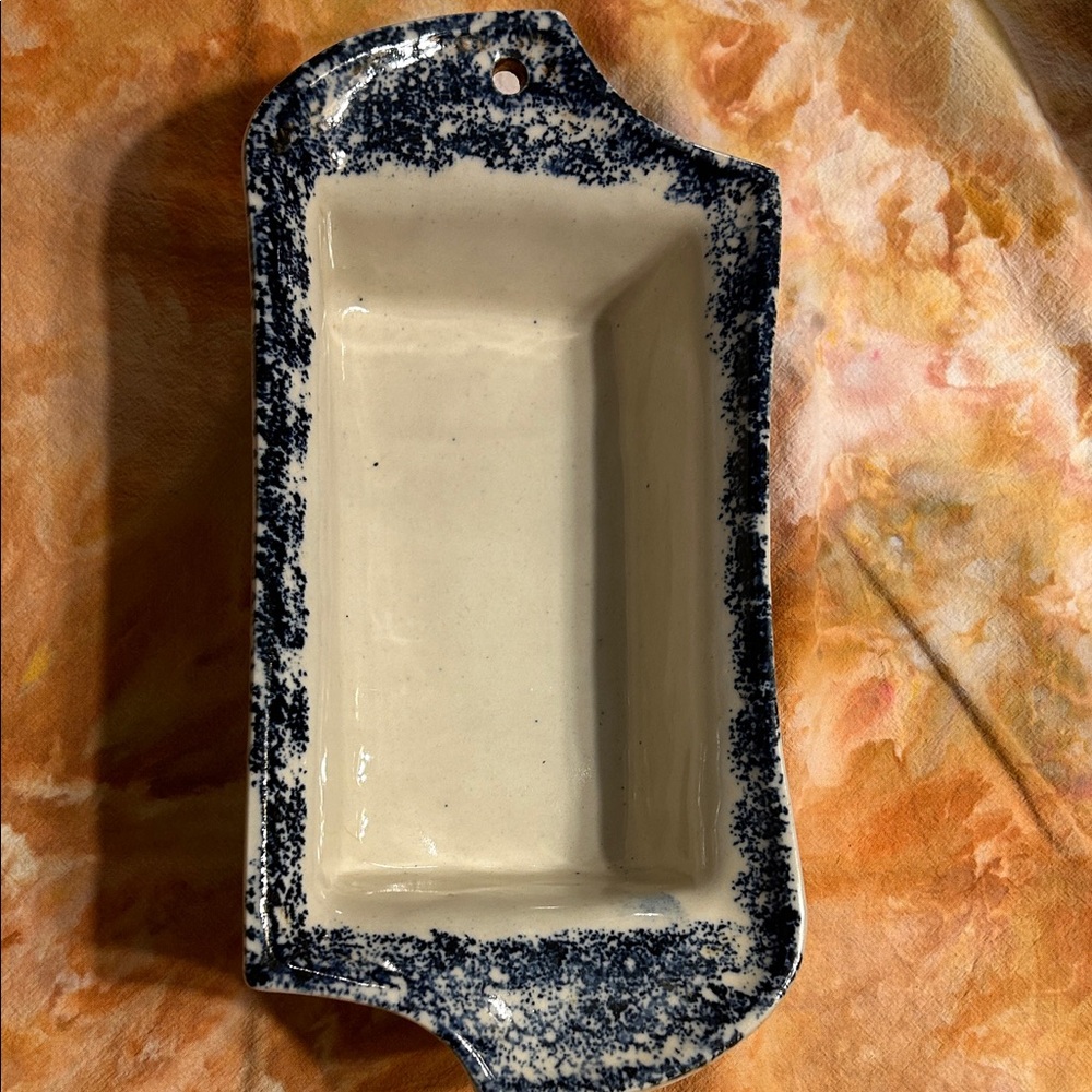 Vintage Flat Earth Blue sponge Pottery Loaf Pan